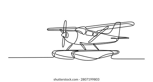 Continuous one line drawing of a small floatplane seaplane flying Vector, illustration