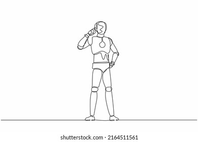 Continuous one line drawing smart robot pointing his head, thinking something. Feeling optimistic, visionary about future. Humanoid robot cybernetic organism. Single line design vector illustration