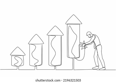 Continuous One Line Drawing Smart Businessman Ignite Firework Rocket Bar Graph To Increase Company Growth. Grow Business, Boost Investment Profit. Single Line Draw Design Vector Graphic Illustration