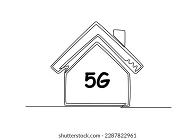 Continuous one line drawing smart home using 5G technology. High-speed mobile Internet. 5G technology concept. Single line draw design vector graphic illustration.