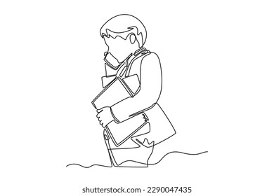 Continuous one line drawing smart boy called while carrying a lot of office files. Kids business activities concept. Single line draw design vector graphic illustration.