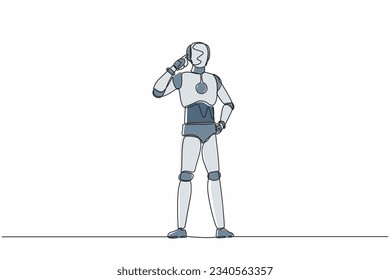 Continuous one line drawing smart robot pointing his head, thinking something. Feeling optimistic, visionary about future. Humanoid robot cybernetic organism. Single line design vector illustration