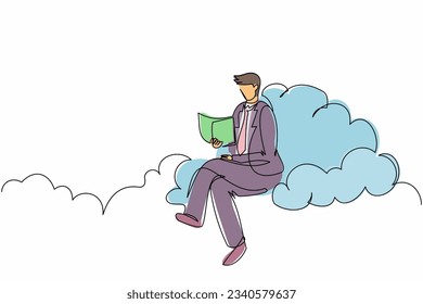 Continuous one line drawing smart businessman sitting cloud reading book  Higher education to pursuit career growth  Office worker study literature  Single line design vector graphic illustration