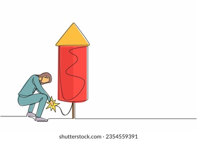 Continuous one line drawing smart businesswoman launching firework rocket. Increase company growth or economic boom, career development concept. Single line draw design vector graphic illustration