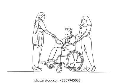 Una línea contínua dibujando a una joven doctora que visita y maneja al paciente con silla de ruedas en el hospital. Concepto de atención médica. ilustración vectorial de diseño de línea única