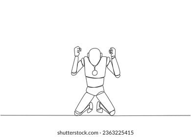 Continuous one line drawing smart robot kneeling like praying. Lost hope. Businesses will bankrupt if fail to get bona fide clients. Gesture of surrender. Single line draw design vector illustration