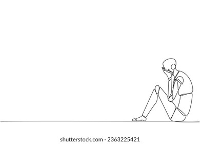 Continuous one line drawing smart robot sitting while covering face. Unhappy robotic bemoans the fate of business. Failure to develop business unit. Tech. Single line draw design vector illustration