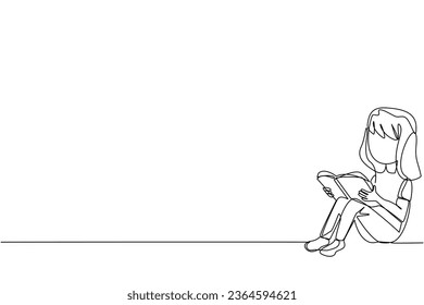 Continuous one line drawing smart girl sitting while reading book. Read books alone to focus on studying. The fast learner. Book festival concept. Happy reading. Single line draw vector illustration