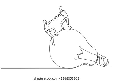 Continuous one line drawing smart robot helps colleague climb the big lightbulb. Metaphor related to idea. Brainstorm to achieve the best brilliant ideas. Single line draw design vector illustration