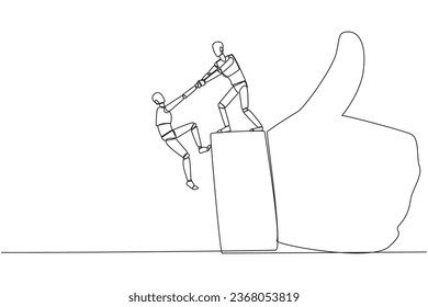 Continuous one line drawing smart robot helps colleague climb big finger gesture thumbs up. Working together towards success. Positive vibes. Cohesiveness. Single line draw design vector illustration