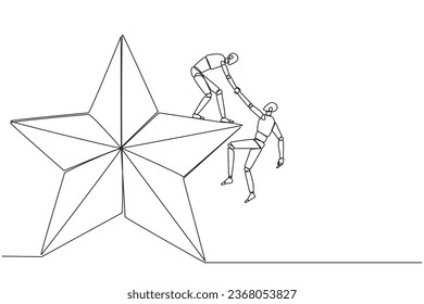 El robot inteligente de dibujo continuo de una línea ayuda a los compañeros a escalar a la gran estrella. Metáfora de alcanzar juntos los sueños de éxito. Tener una muy buena posición profesional. Ilustración vectorial de diseño de líneas simples