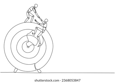 La robótica inteligente del dibujo de una línea continua ayuda a los compañeros a escalar el blanco de la flecha grande. Las metáforas ayudan a centrarse en completar las tareas una a la vez. Juntos. Ilustración vectorial de diseño de líneas simples