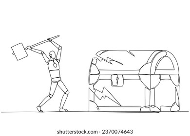 Continuous one line drawing smart robot preparing to hit big treasure chest. Rampage. Running out of capital. Steal. Doing dirty business. Not commendable. Single line draw design vector illustration