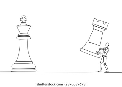 Continuous one line drawing smart robot holds rook chess to beat king chess. Strategic planning, business development strategy, tactics in entrepreneurship. Single line draw design vector illustration