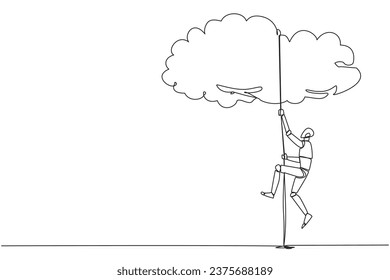 Continuous one line drawing smart robot climbing clouds with the rope. A metaphor for hanging dreams sky high. Ultimate success. Hard worker. Work smarter. Single line draw design vector illustration