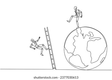 Continuous one line drawing smart robot kicks opponent who climbing the globe with a ladder. Failed to be on top of the world. Dropped by business friend. Single line draw design vector illustration