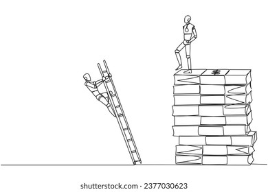 Continuous one line drawing smart robot kicks opponent who is climbs pile of banknotes with ladder. Struggle together but want to achieve big profit alone. Single line draw design vector illustration
