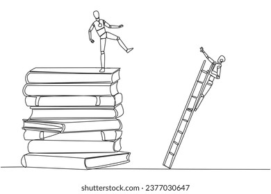 Continuous one line drawing smart robot kicks opponent who climbing a pile of books with a ladder. Failed to gain access to profitable business principles. Single line draw design vector illustration