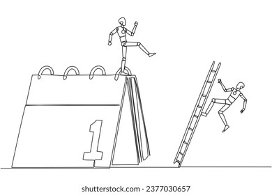 Continuous one line drawing smart robot kicks opponent who is climbing a desk calendar with a ladder. Vacations will be canceled due to many deadlines. Single line draw design vector illustration