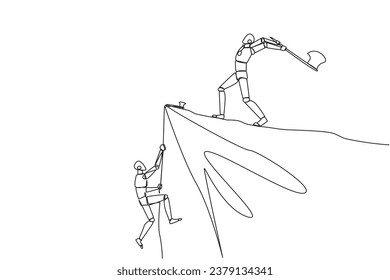 Continuous one line drawing smart robot climbs cliff with rope. Almost successful. Rudely dropped by a business friend. Fake partner. The worst teamwork. Single line draw design vector illustration