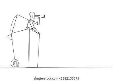 Continuous one line drawing a smart robot emerges from a wheeled bin looking for something through binoculars. Trying to restore deleted and wasted data. Single line draw design vector illustration