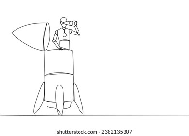 Continuous one line drawing a smart robot appears from the end of the rocket looking for something through binoculars. Scan. Analyze damage. Vigilance. Single line draw design vector illustration