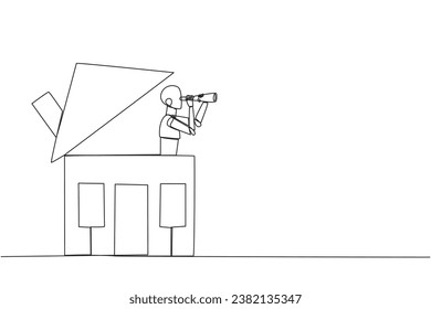 Continuous one line drawing a smart robot emerges from the miniature house looking for something through binoculars. Scan. Analyze needs. Future smart home. Single line draw design vector illustration