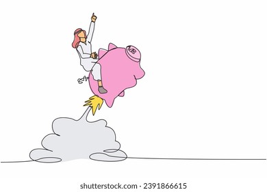 Continuous one line drawing smart Arabian businessman riding piggy bank rocket flying in the sky. Saving money, financial planning from economic crisis. Single line graphic design vector illustration