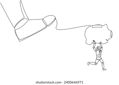 Continuous one line drawing smart robot carrying piggy bank runaway from giant foot. Fatal programming error. Giant robot goes on rampage, rest save assets. Single line draw design vector illustration