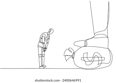 Continuous one line drawing smart robot nodded in front of the giant foot stepping on the money bag. A robot that can maintain profits very well. AI tech. Single line draw design vector illustration