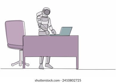 Continuous one line drawing of smart young astronaut standing and working behind office desk. Planning for rocket launch project. Cosmonaut outer space. Single line graphic design vector illustration