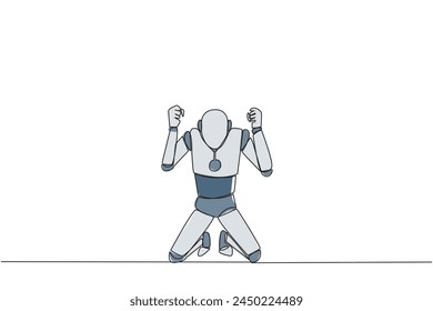 Continuous one line drawing smart robot kneeling like praying. Lost hope. Businesses will bankrupt if fail to get bona fide clients. Gesture of surrender. Single line draw design vector illustration