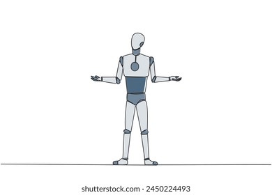 Continuous one line drawing smart robot standing straight with open arms. Lonely and sadness robot lamenting undeveloped business. Unhappy manager. AI tech. Single line draw design vector illustration