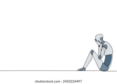 Continuous one line drawing smart robot sitting while covering face. Unhappy robotic bemoans the fate of business. Failure to develop business unit. Tech. Single line draw design vector illustration