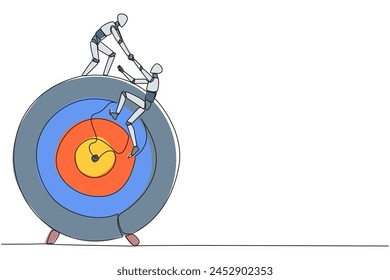 Continuous one line drawing smart robotic helps colleague climb the big arrow board target. Metaphors help focus on completing tasks one at time. Together. Single line draw design vector illustration