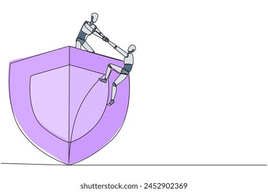 Continuous one line drawing smart robotic helps colleague climbs the big shield. Teamwork keeps colleagues safe from evil robotic. Helping each other. Single line draw design vector illustration