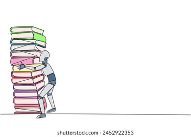 Continuous one line drawing smart robot hugging very high pile of books. Hobby to collecting and reading books. Filling free time with useful things. Read. Single line draw design vector illustration