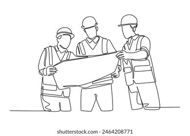 Continuous one line drawing smart young construction coordinator discussing construction design plan to team member. Building architecture business. Single line draw design vector graphic illustration