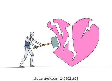 Continuous one line drawing smart robot preparing to hit big heart. Broken heart. Loss of concentration. Emotional feeling. No direction. Angry. Madness. Single line draw design vector illustration