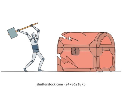 Continuous one line drawing smart robot preparing to hit big treasure chest. Rampage. Running out of capital. Steal. Doing dirty business. Not commendable. Single line draw design vector illustration