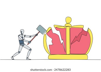 Continuous one line drawing smart robot preparing to hit the big crown. Destroying the symbols of authoritarian kingdom. Expect justice for business people. Single line draw design vector illustration