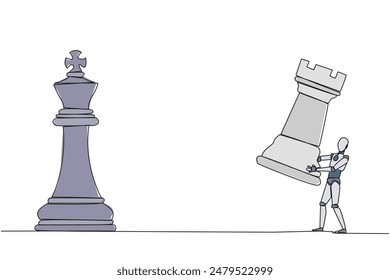 Continuous one line drawing smart robot holds rook chess to beat king chess. Strategic planning, business development strategy, tactics in entrepreneurship. Single line draw design vector illustration