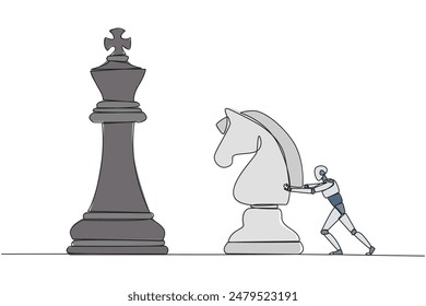 Continuous one line drawing smart robot future tech push huge horse chess piece. Business strategy, marketing plan. Strategic move in business concept. Single line draw design vector illustration