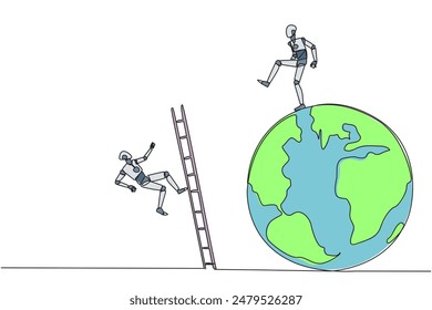 Robot inteligente de dibujo continuo de una línea patea al oponente que sube el globo terráqueo con una escalera. No pudo estar en la cima del mundo. Dejado por un amigo de negocios. Ilustración vectorial de diseño de dibujo de una sola línea
