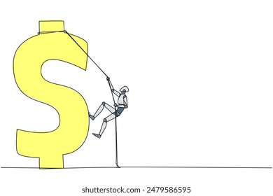 Continuous one line drawing smart robot climbs dollar symbol. Metaphor looking for extra money because of high needs. Smart work combined with hard work. Single line draw design vector illustration