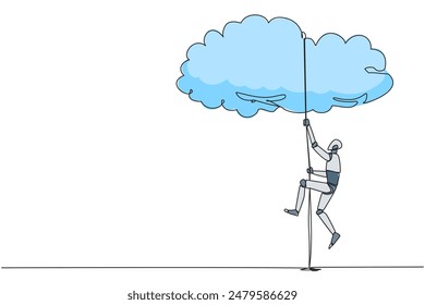 Continuous one line drawing smart robot climbing clouds with the rope. A metaphor for hanging dreams sky high. Ultimate success. Hard worker. Work smarter. Single line draw design vector illustration