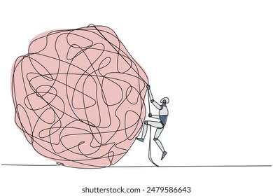 Continuous one line drawing smart robot climbs heavy mess circle with the rope. Trying to lay anxiety at the feet. For clarity of thought. Smart work hard. Single line draw design vector illustration