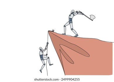 Continuous one line drawing smart robot climbs cliff with rope. Almost successful. Rudely dropped by a business friend. Fake partner. The worst teamwork. Single line draw design vector illustration