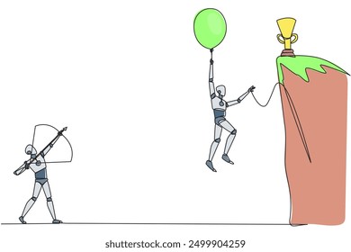 Continuous one line drawing smart robot wants to achieve prizes at the peak of the career. Getting resistance from all directions. Painful failure. Traitor. Single line draw design vector illustration