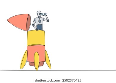 Continuous one line drawing a smart robot appears from the end of the rocket looking for something through binoculars. Scan. Analyze damage. Vigilance. Single line draw design vector illustration